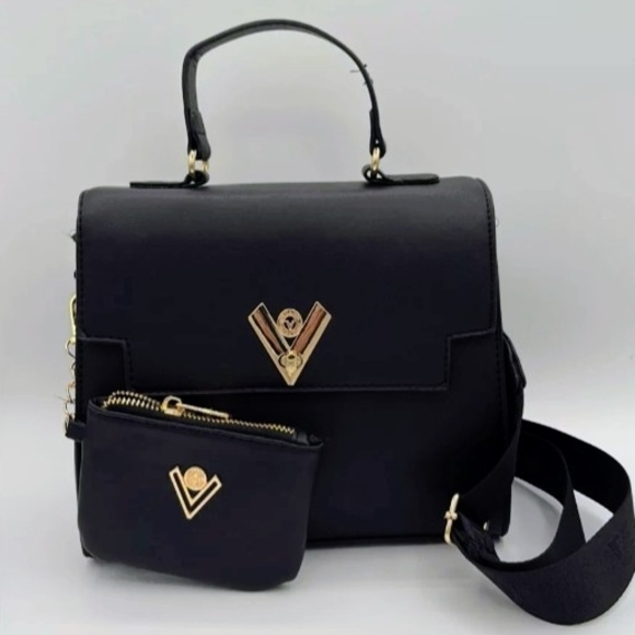 NWT! Valentino Orlandi Black Flapover V Logo Satchel Bag & Coin Purse - Picture 1 of 5